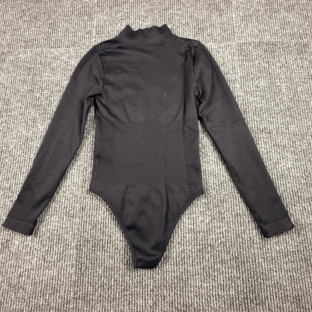 OQQ Womens Ribbed Long Sleeve Quarter Zip Bodysuit Mock Neck Black Size M - Picture 2 of 10